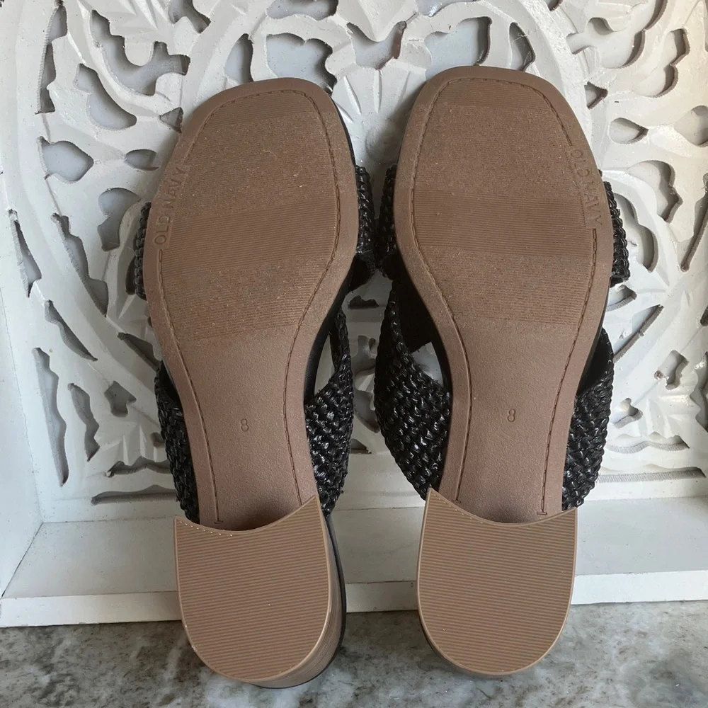 Old Navy Square-Toe Braided Straw Cross-Strap Mule Sandals Black Sz8